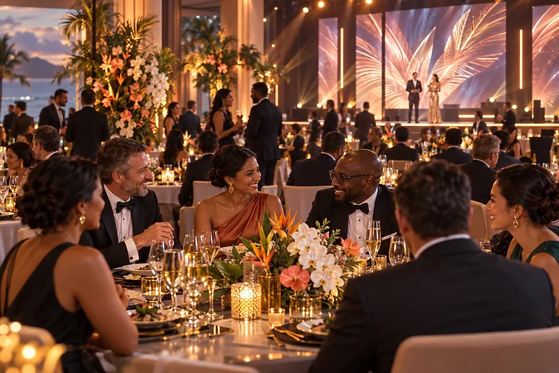 A gala dinner in a ballroom, guests at candlelit tables facing a lit stage