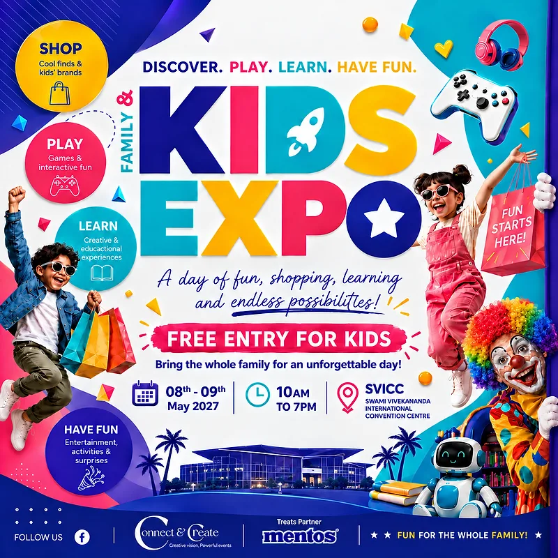 Family & Kids Expo poster: discover, play, learn, have fun. 8–9 May 2027, 10 am to 7 pm, SVICC. Free entry for kids.