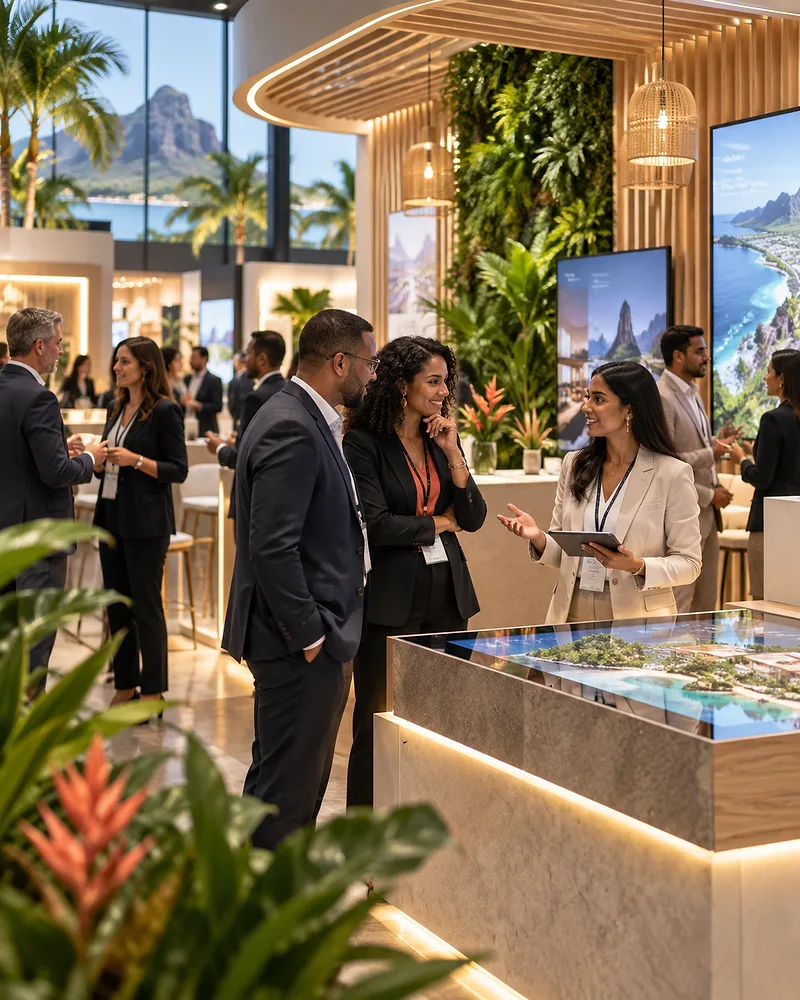 Visitors talk with an exhibitor at a stand with an interactive display table
