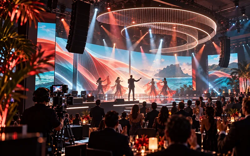 Performers on a stage lit with screens and a ring of lights above a seated audience