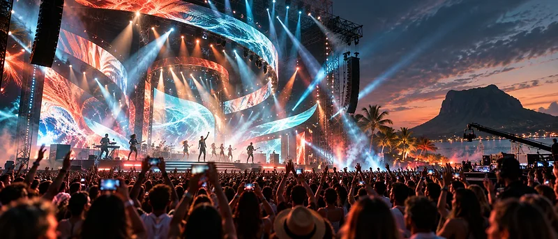 A concert stage with LED screens and light beams above a large crowd at dusk
