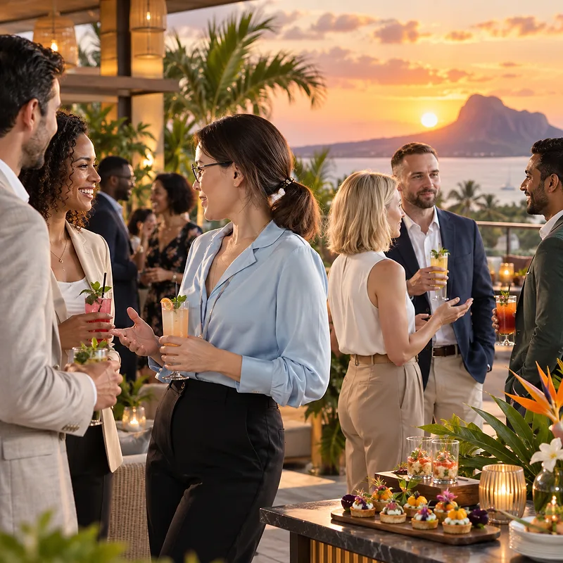 Guests talk over drinks at a sunset terrace reception facing the mountains