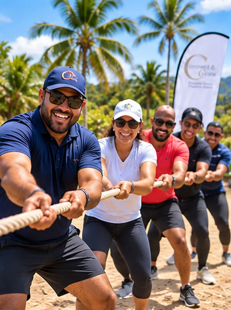 A team leans back together, pulling hard on a tug-of-war rope