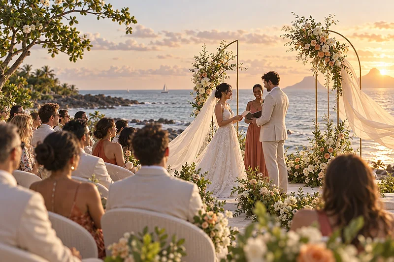 A seaside wedding ceremony under a floral arch at sunset