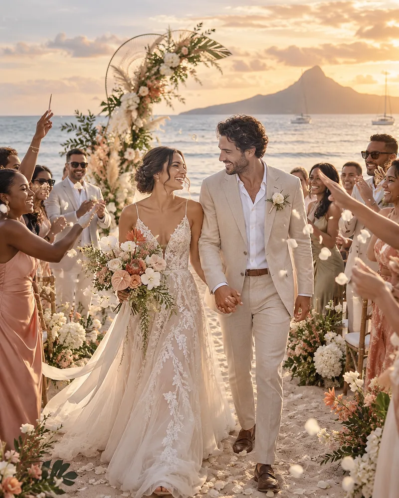 A newly married couple walks through cheering guests on a beach at sunset