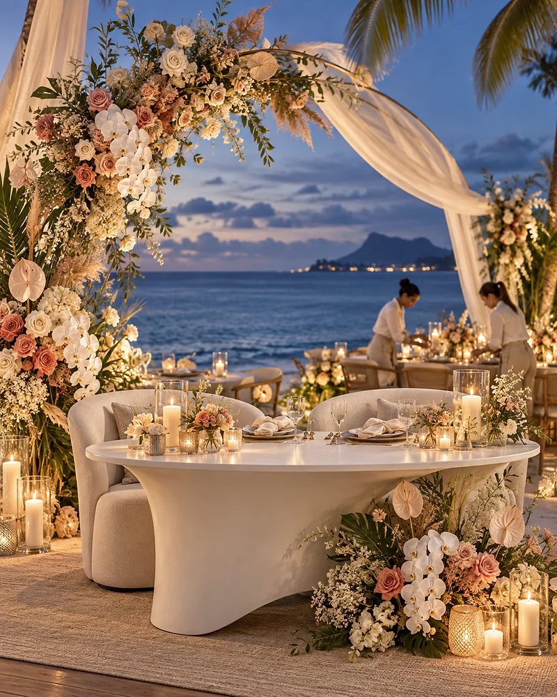 A reception table dressed with flowers and candles beside the sea at dusk